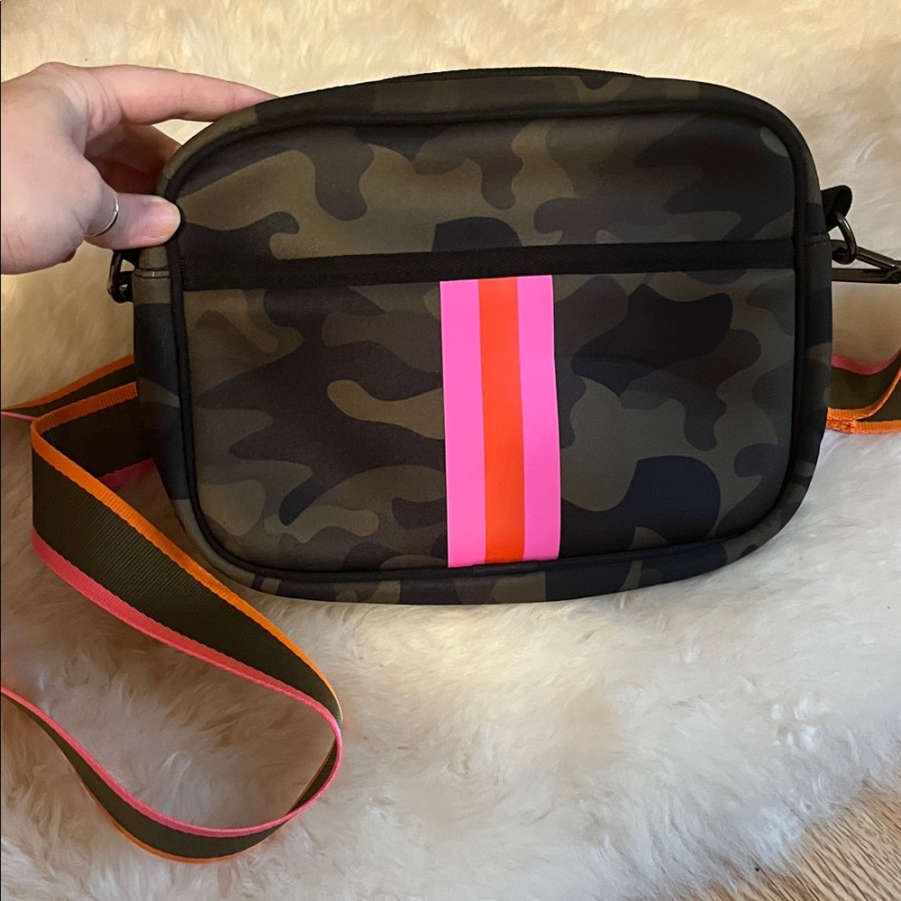 HAUTE SHORE Camouflage Crossbody Bag with Pink and Orange Accents